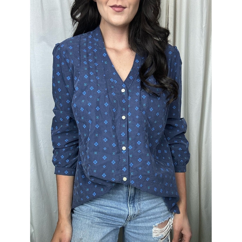 LL Bean Blue Floral Print Button-Front Women's Tunic M